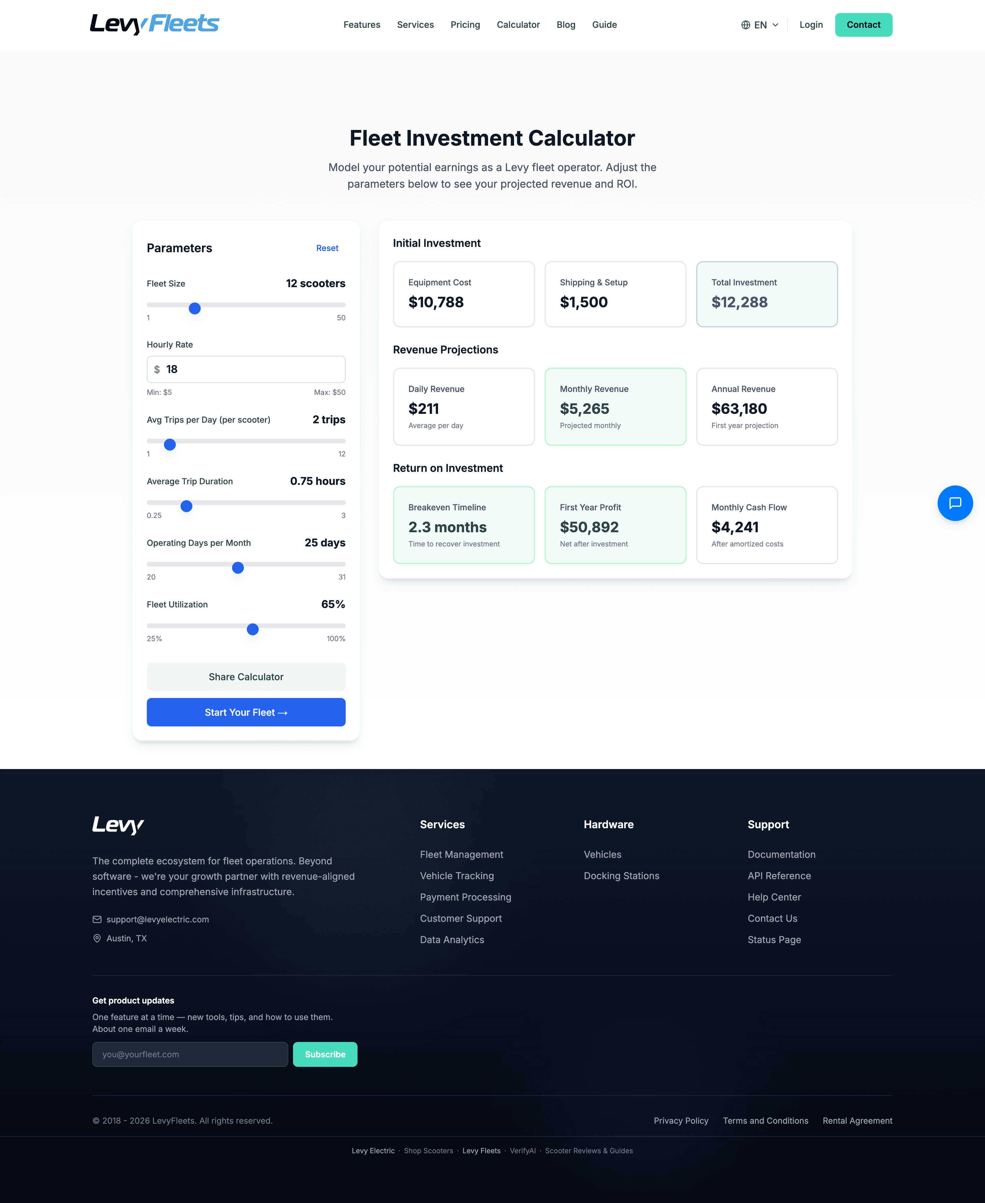 Levy Fleet Estimator showing revenue, cost, and breakeven projections for a fleet