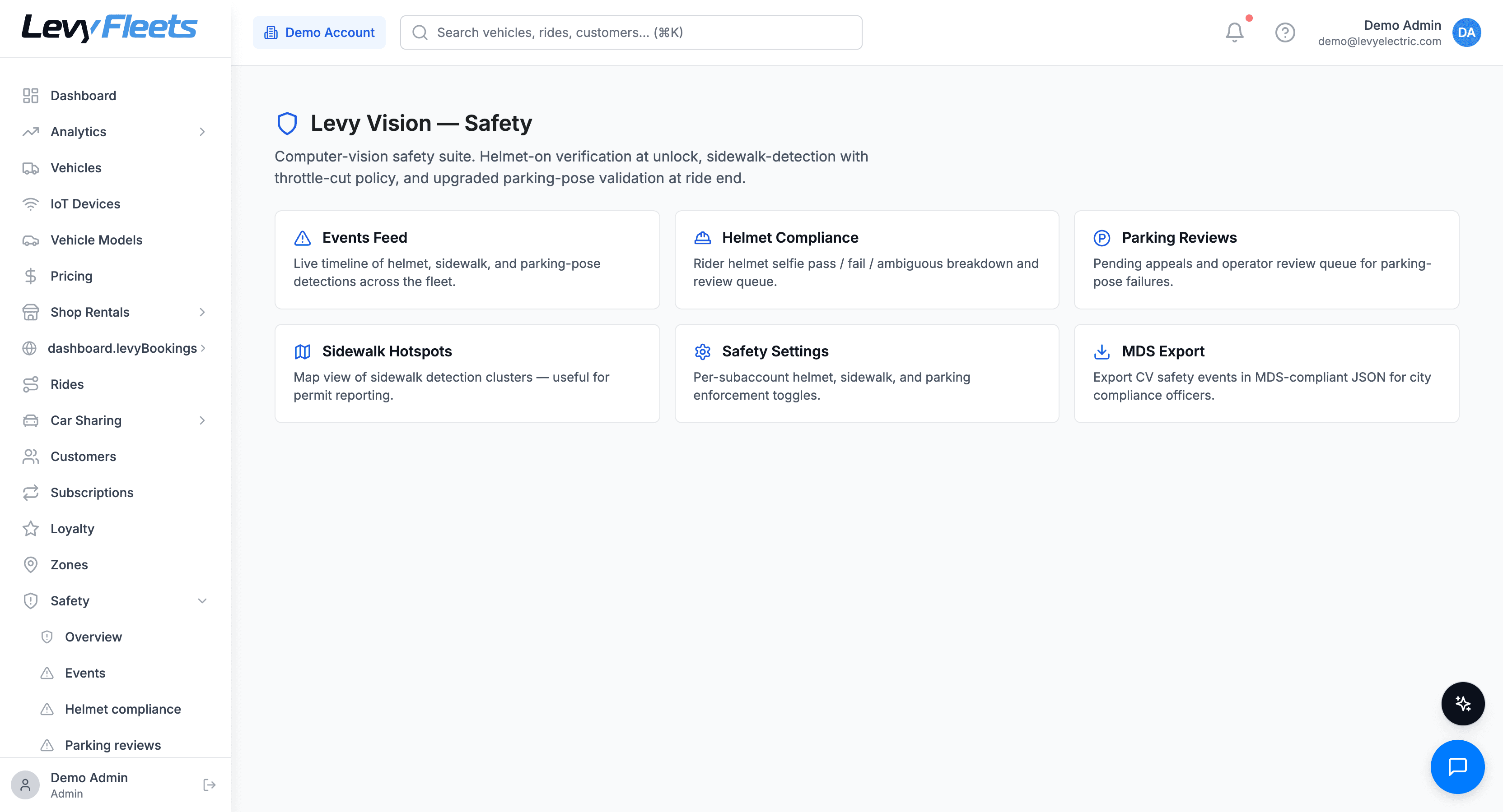 Levy Fleets safety and vision overview showing helmet, parking, and sidewalk enforcement controls