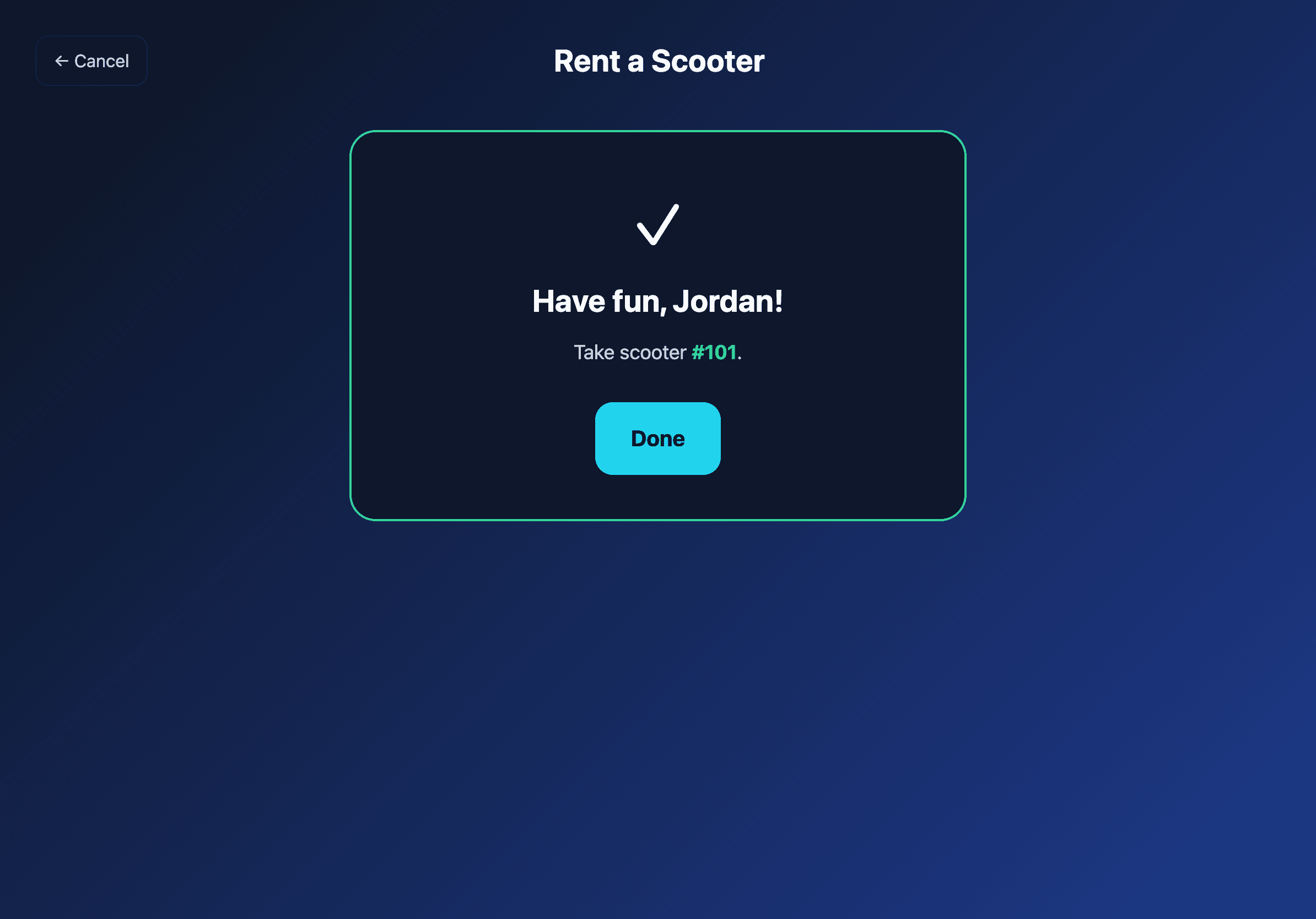 Tela de sucesso do desbloqueio mostrando 'Divirta-se, Jordan! Pegue o patinete #101'
