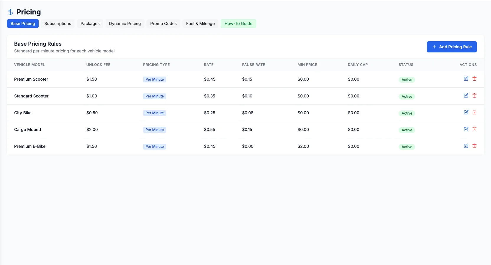 Fleet pricing configuration: unlock fee, per-minute rate, passes, and zone rules