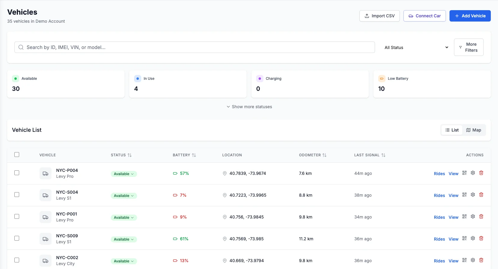 Google Maps & transit apps implementation shown in the Levy Fleets live vehicle inventory interface