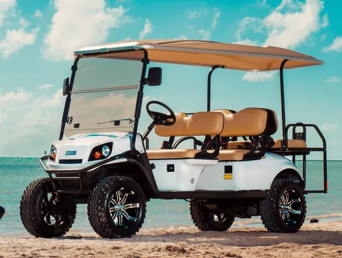 Six-seater golf cart rental at a beachfront resort