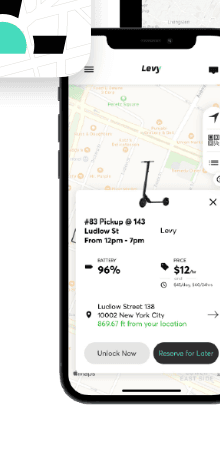 Levy courier rider app showing battery, pricing, and unlock controls