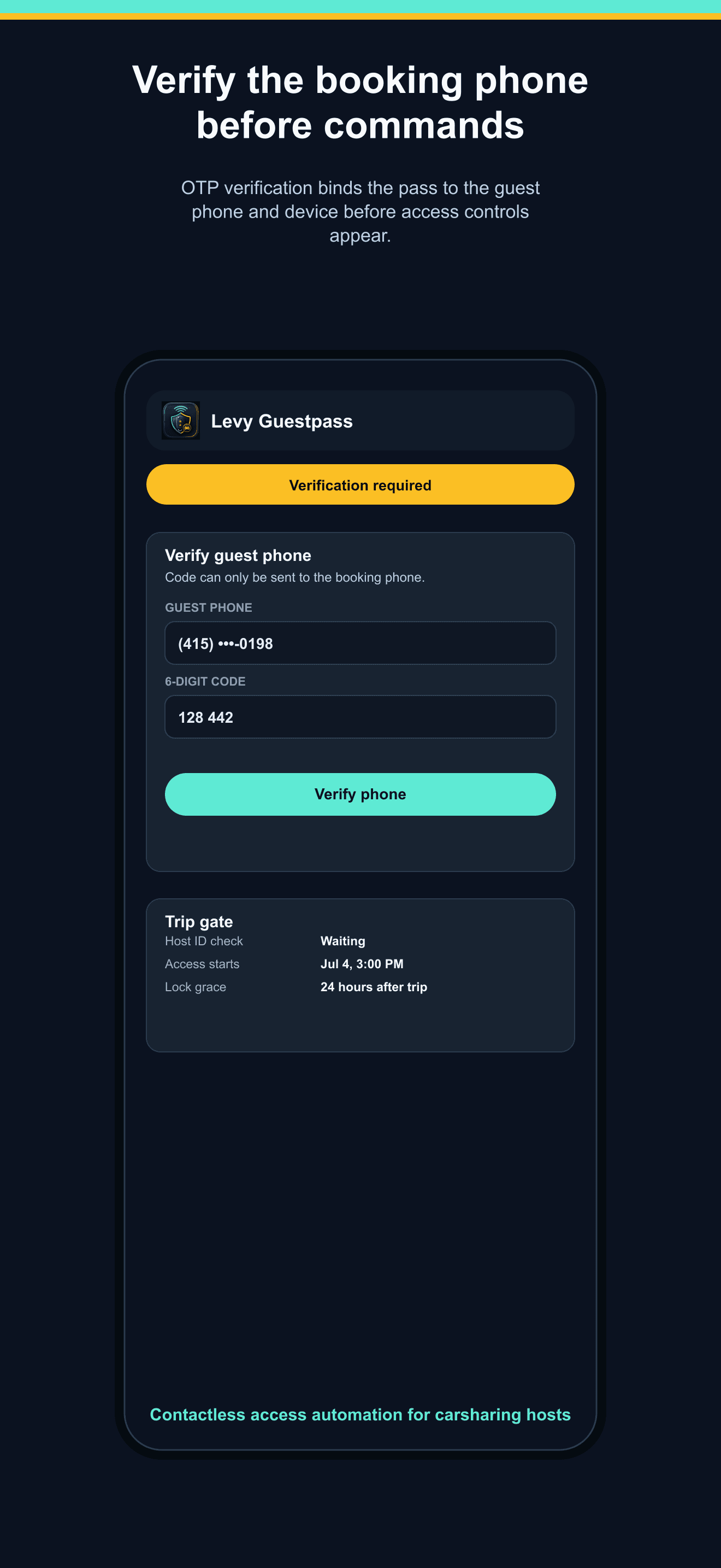 Levy Guestpass phone verification screen