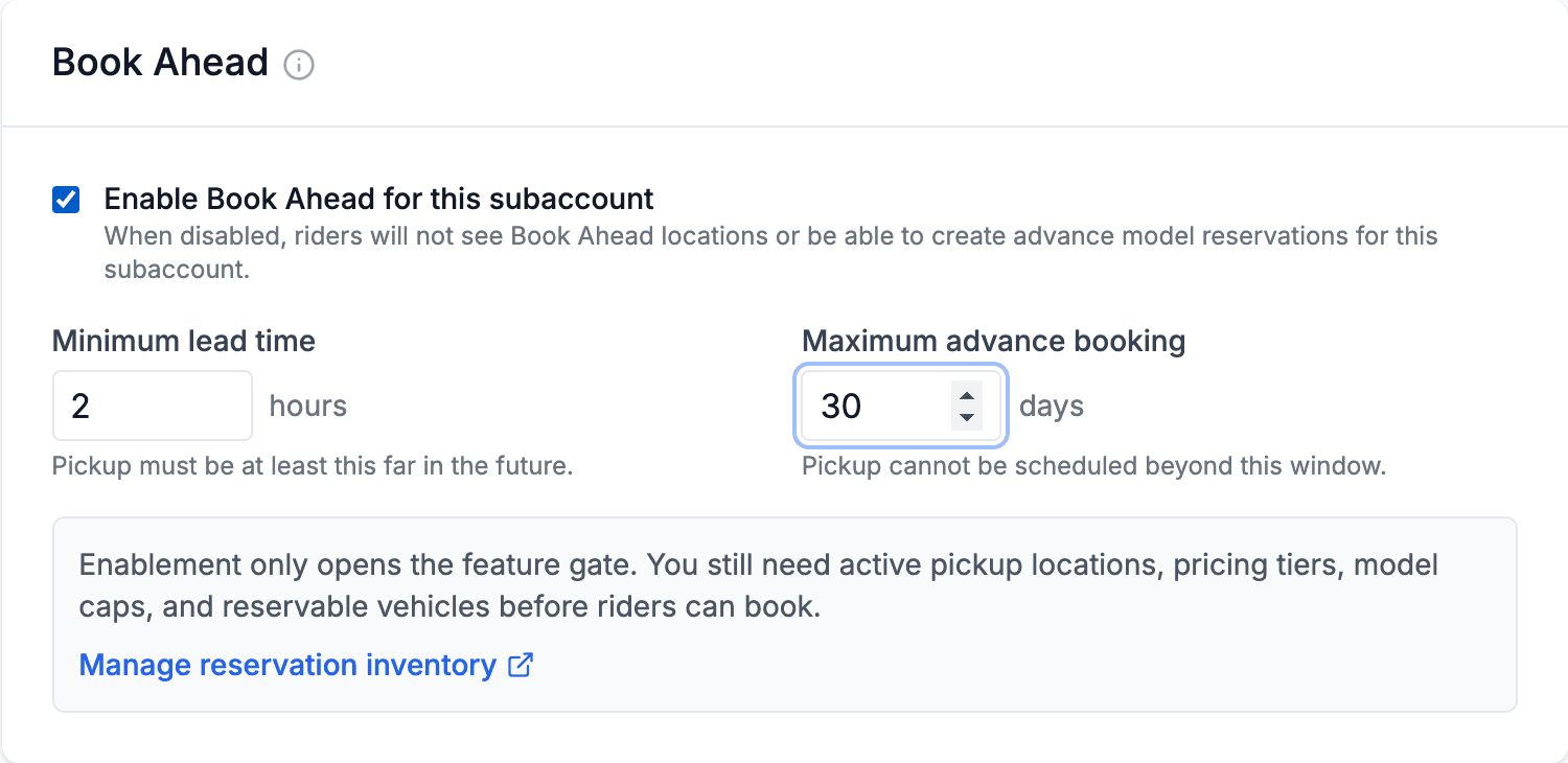 Dashboard Book Ahead settings