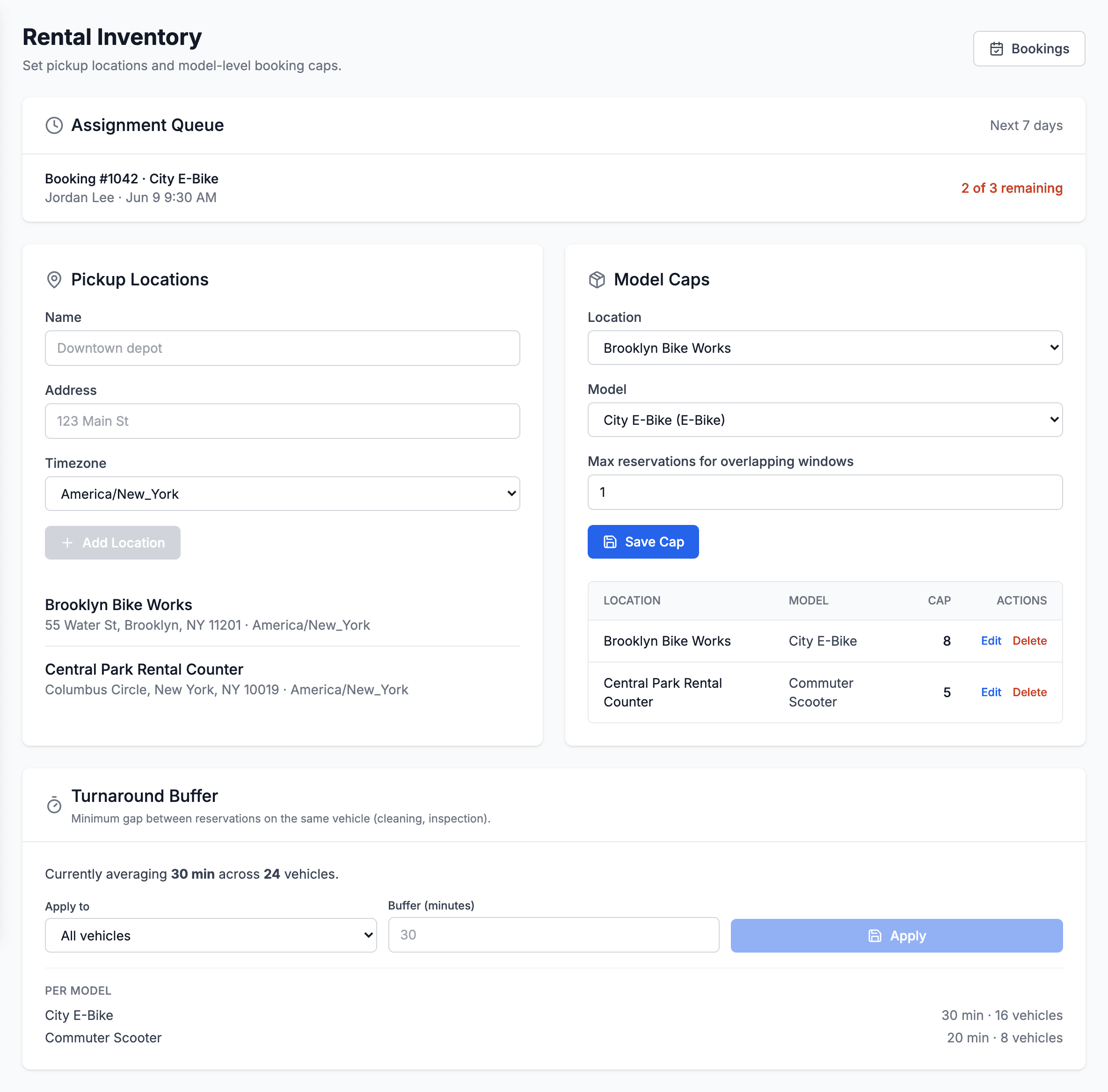 Dashboard reservation inventory