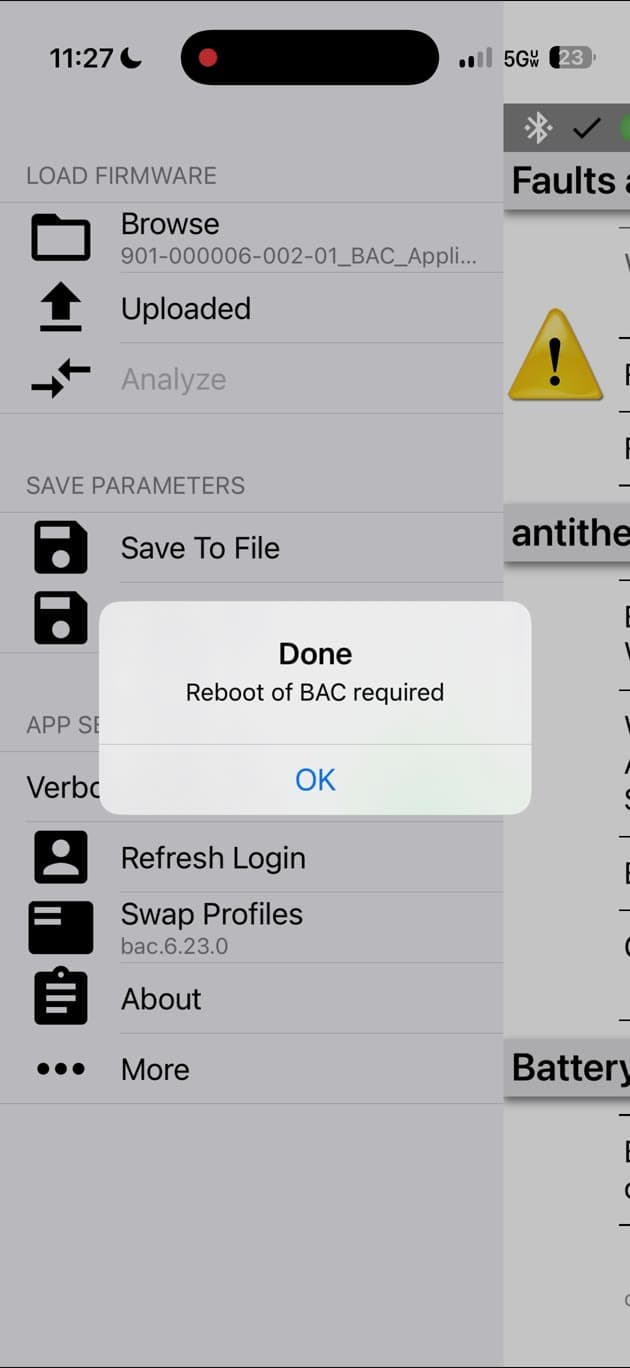 BACDoor Mobile Done dialog stating that a reboot of the BAC controller is required