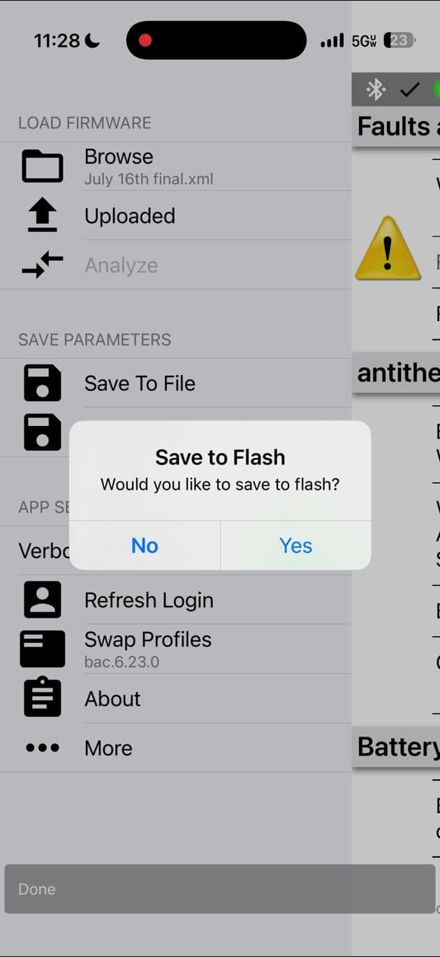 BACDoor Mobile 的 Save to Flash 确认对话框,包含 No 和 Yes 按钮