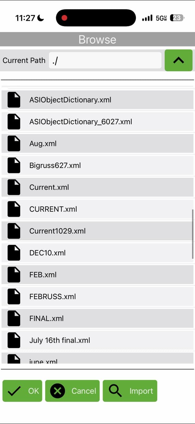 BACDoor Mobile file browser showing the selected XML parameter file