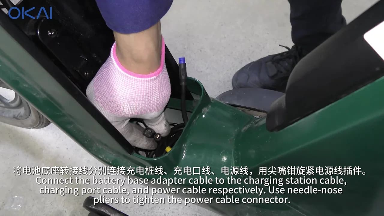 OKAI EB100B charging, power, and adapter harness connections