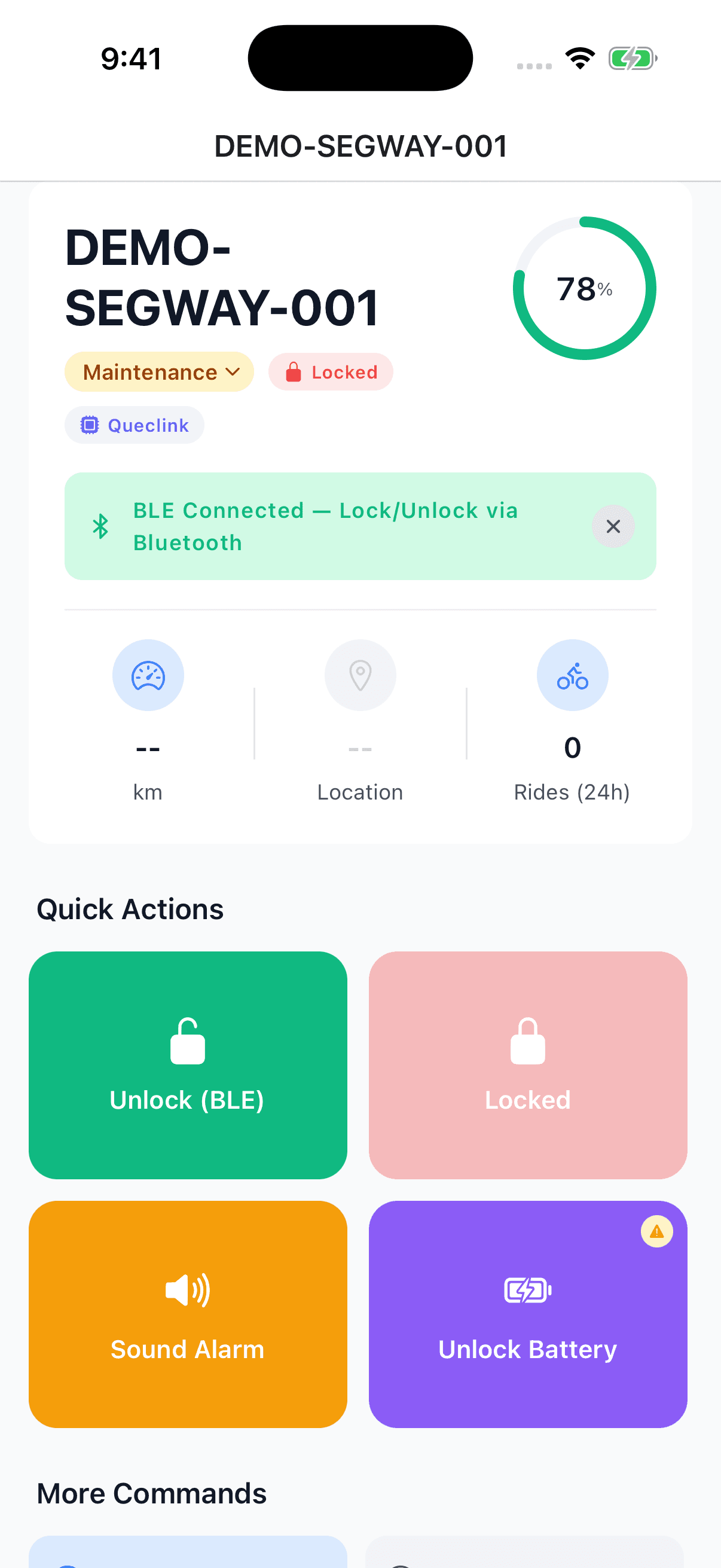 Demonstration Segway vehicle with BLE Connected and Unlock BLE on Vehicle Detail