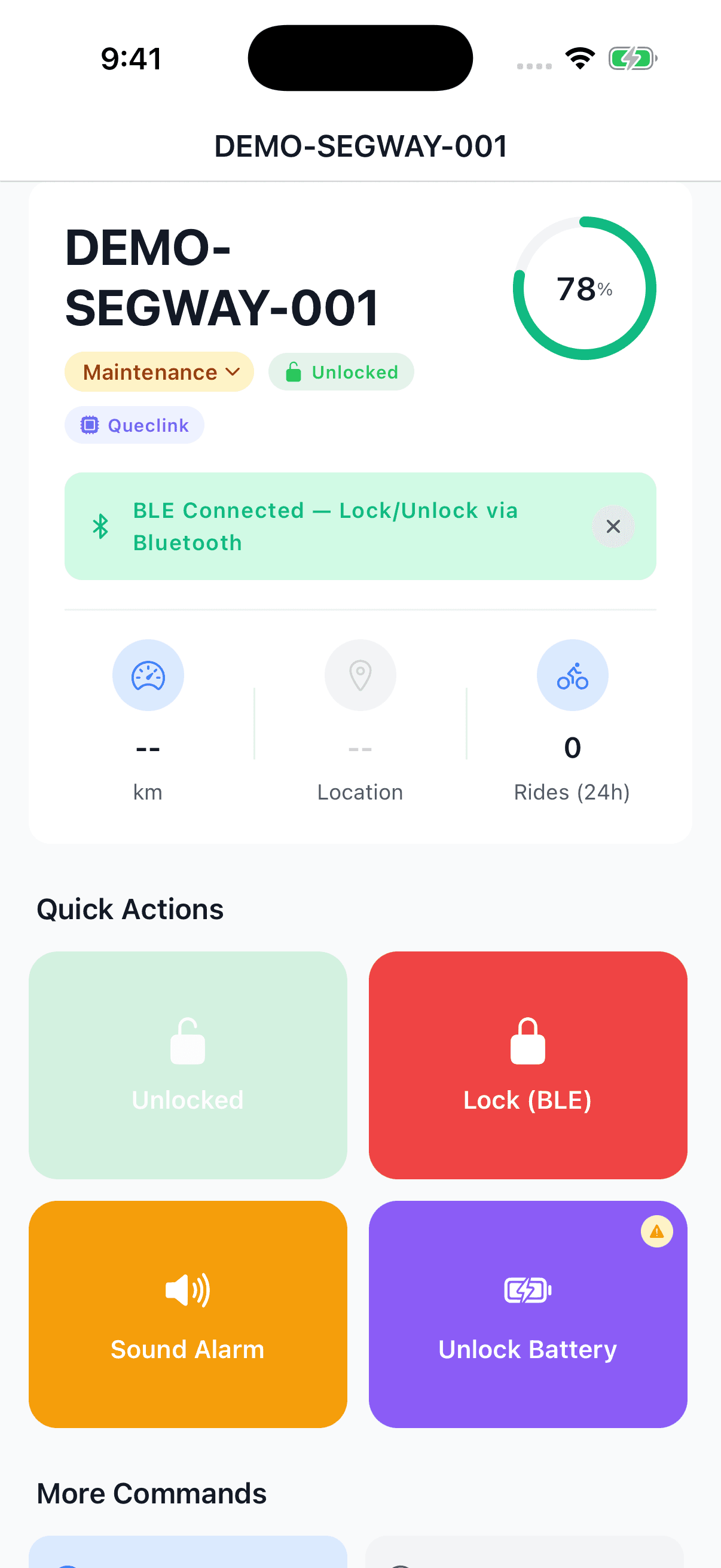 Demonstration Segway vehicle with Unlocked status and the Lock BLE button