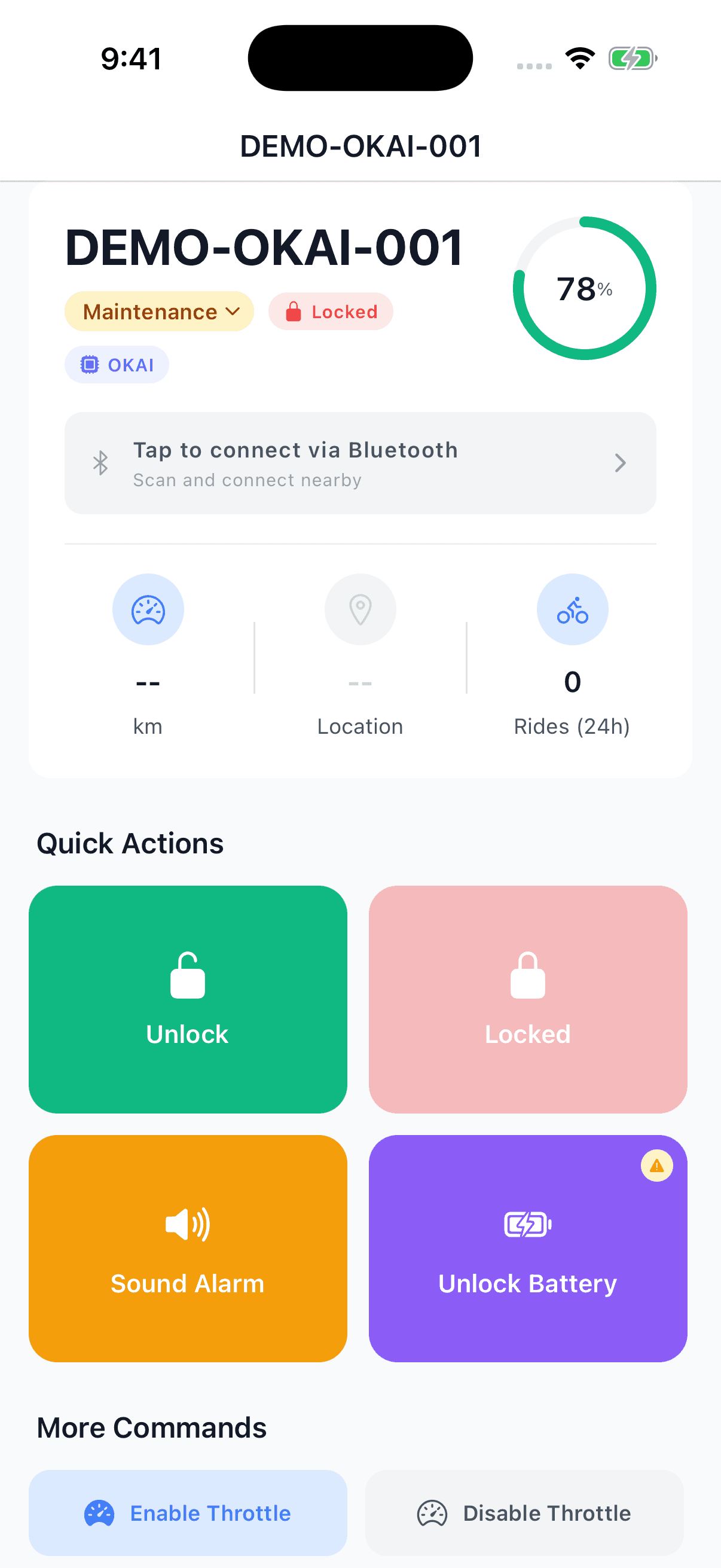 OKAI vehicle detail screen with Tap to connect via Bluetooth above the Lock and Unlock controls