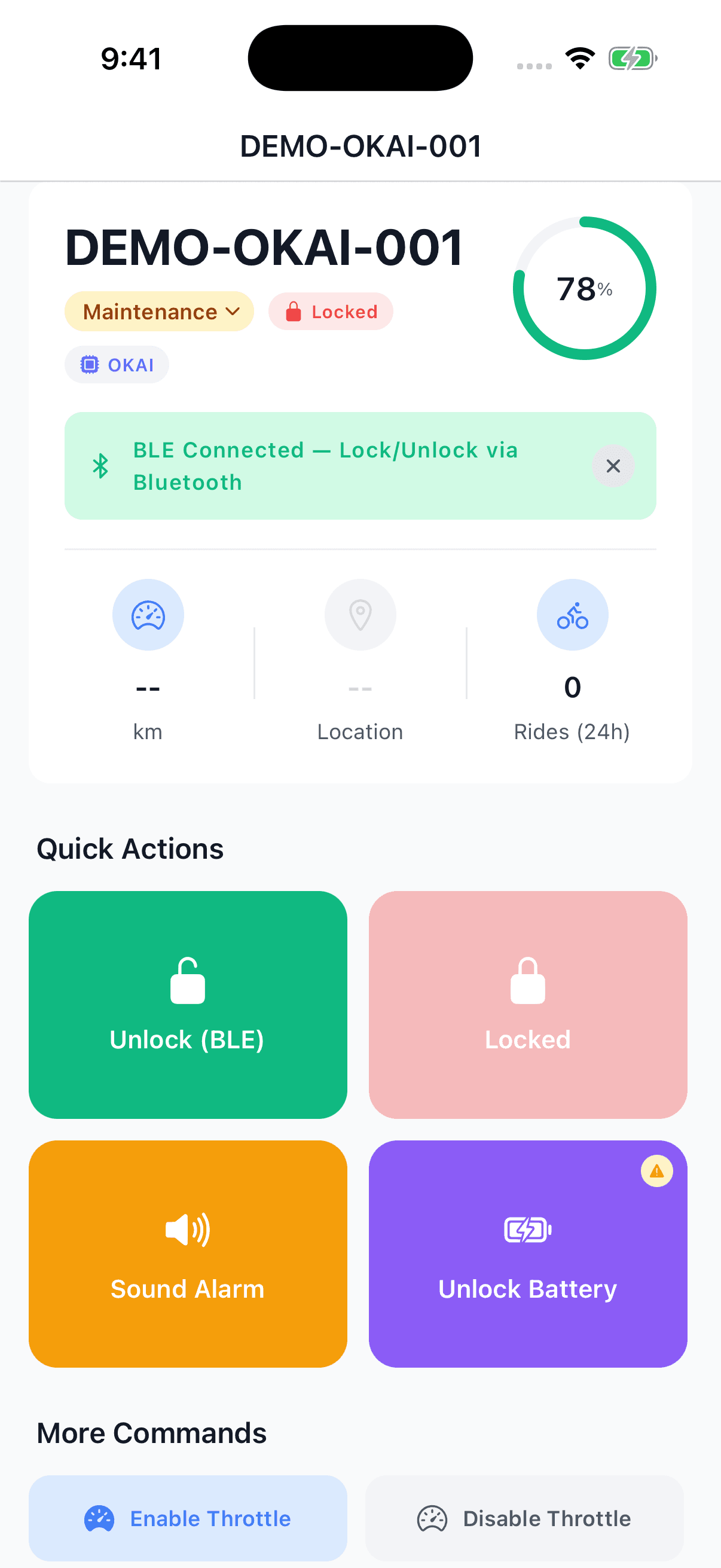 Levy operator app demo: Bluetooth lock and unlock controls on a OKAI demo vehicle