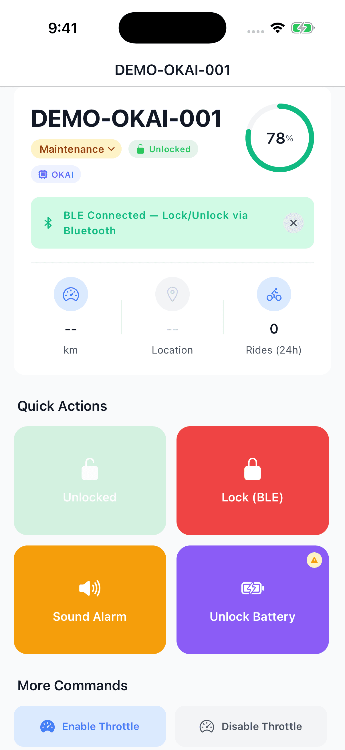 OKAI vehicle shown Unlocked after using the Unlock control with Bluetooth connected