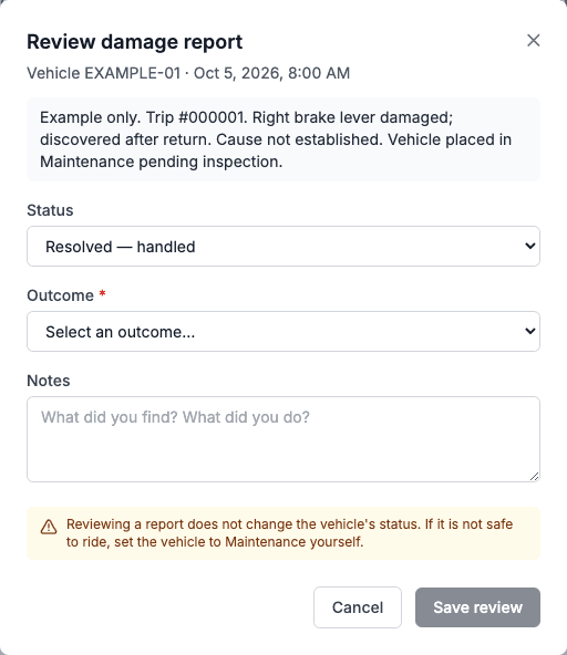Example damage report review with status, outcome and notes