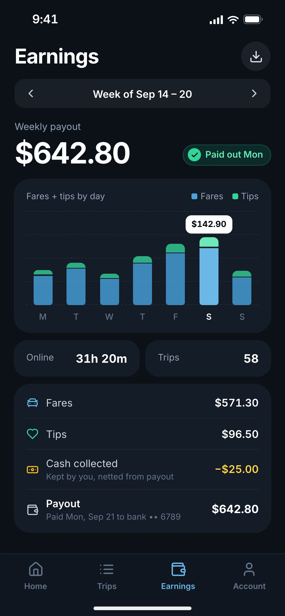 Driver app weekly earnings with fares, tips and payout status