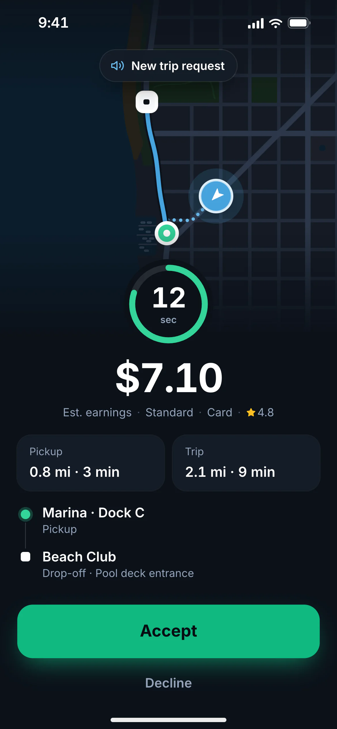 Driver app trip offer with pickup distance, fare and an accept countdown