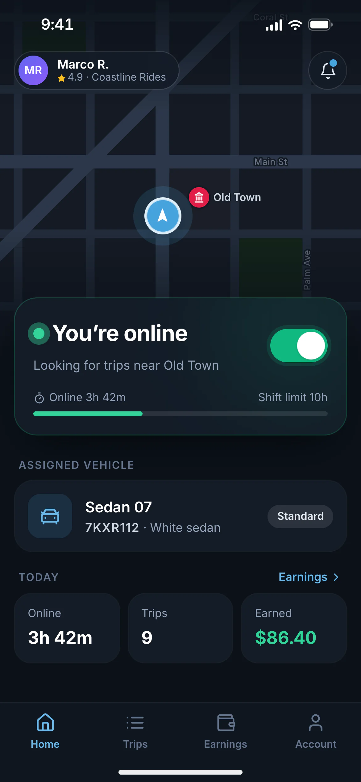 Driver app home screen with go-online control, assigned vehicle and today’s earnings