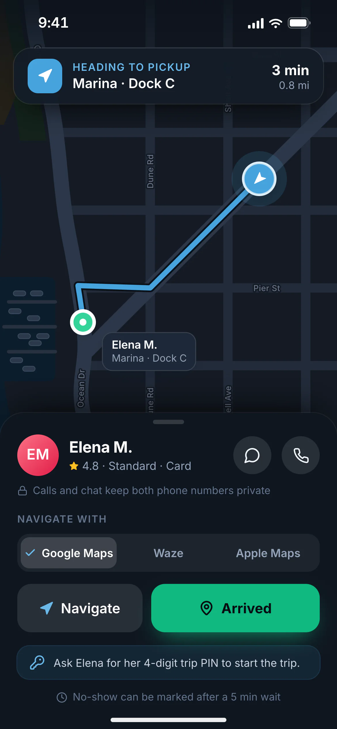Driver app heading to pickup with navigate, arrived and contact rider buttons