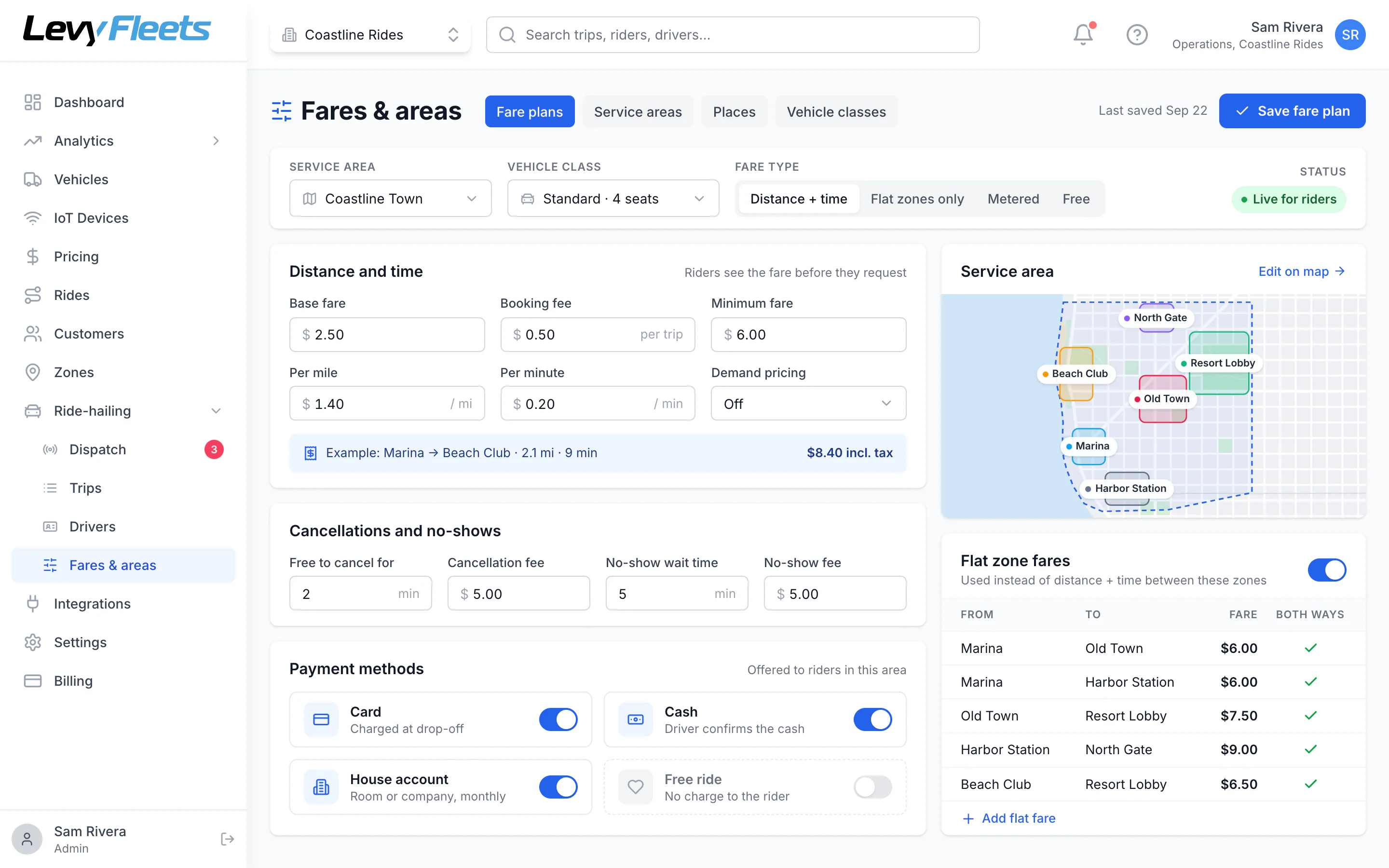 Fare plan setup with base fare, per-mile and per-minute rates and flat zone fares