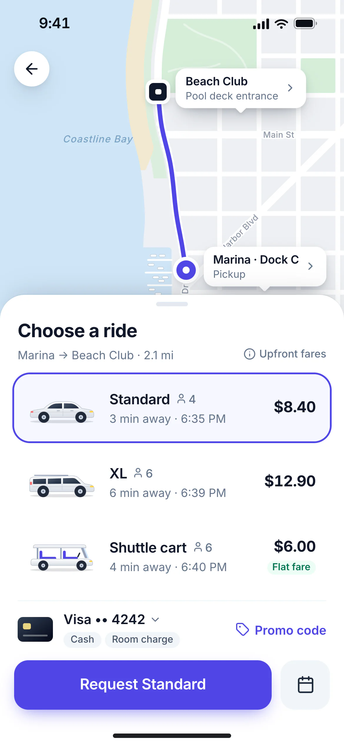 Rider app showing vehicle classes with upfront fares and pickup times