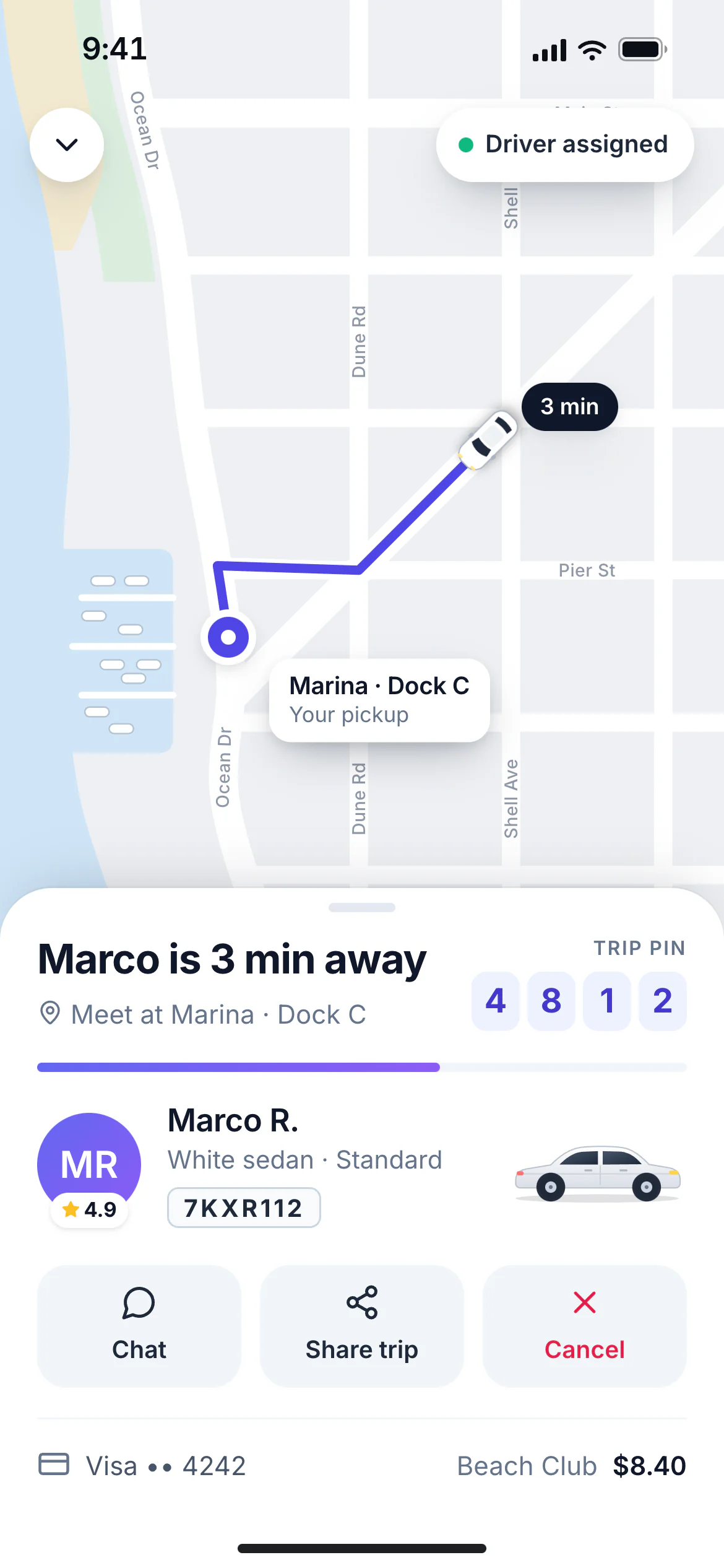 Rider app live map with the assigned driver approaching and a driver card