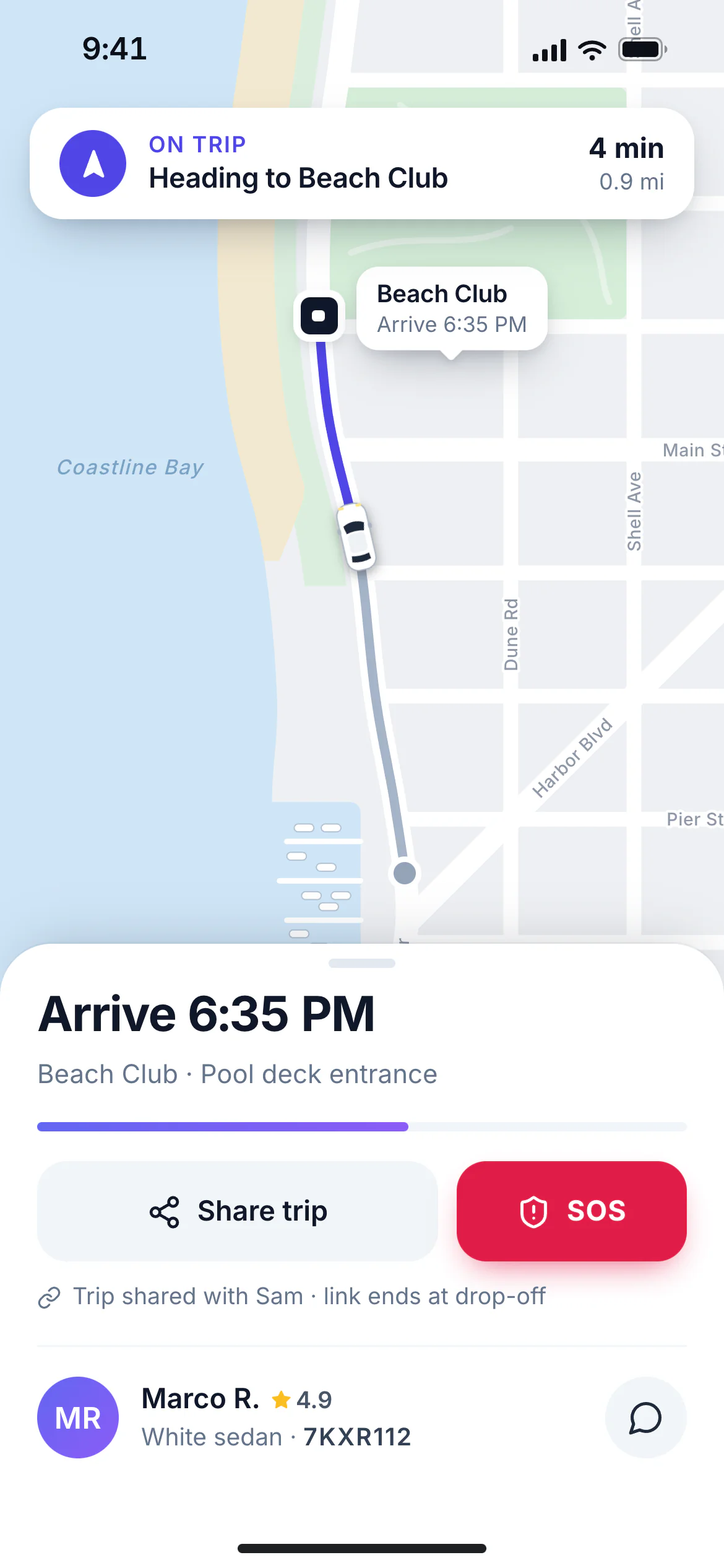 Rider app during a trip with route, arrival time, share and SOS buttons