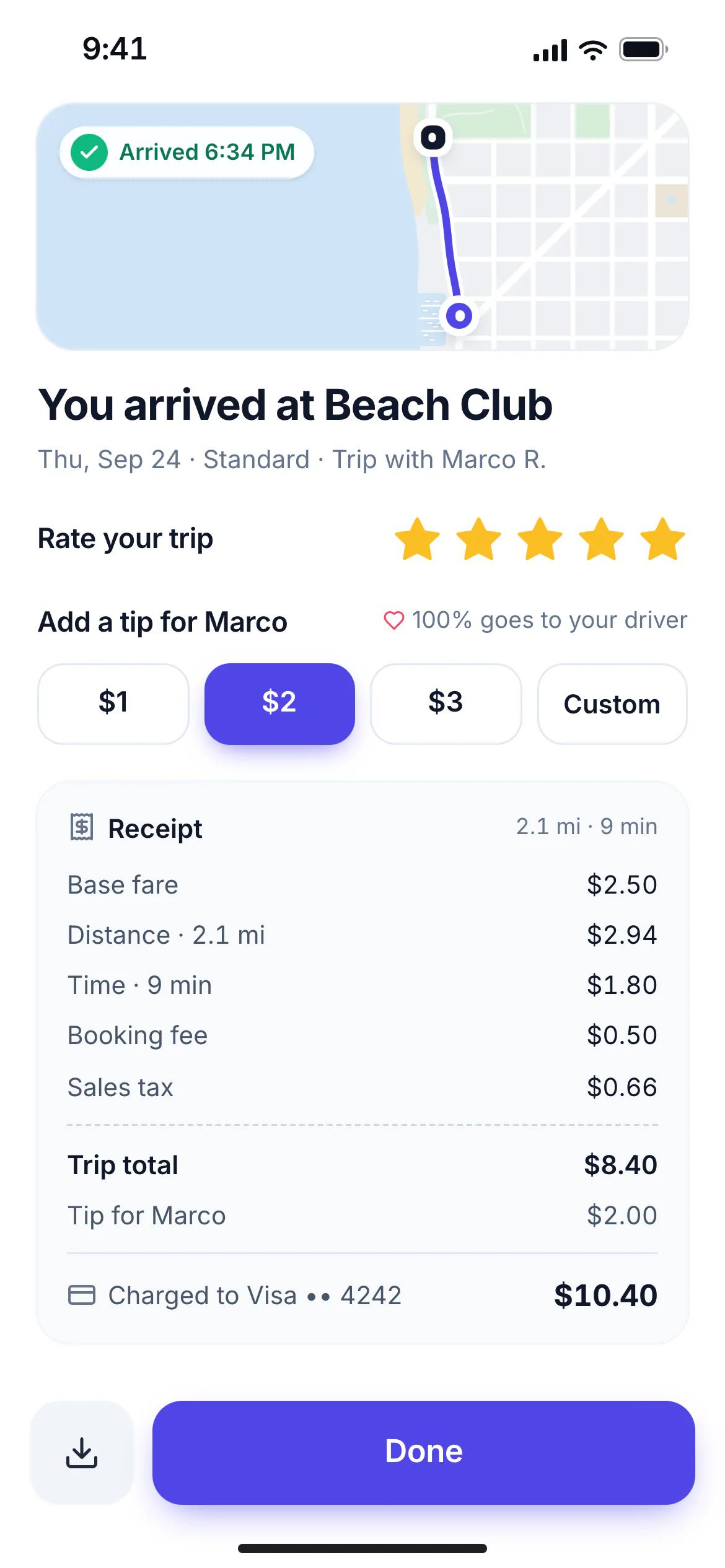 Rider app trip receipt with fare breakdown, rating and tip options