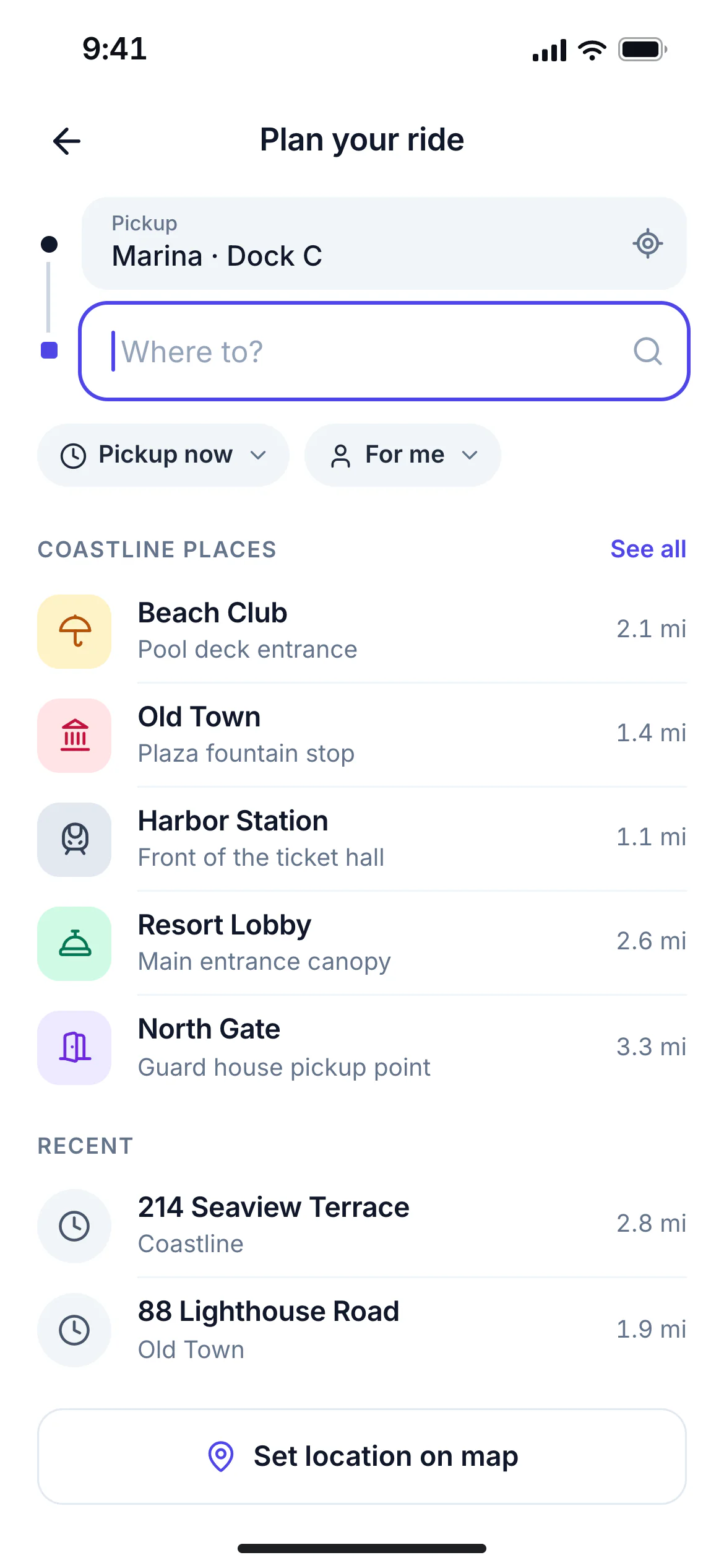 Rider app destination search listing named pickup and drop-off places