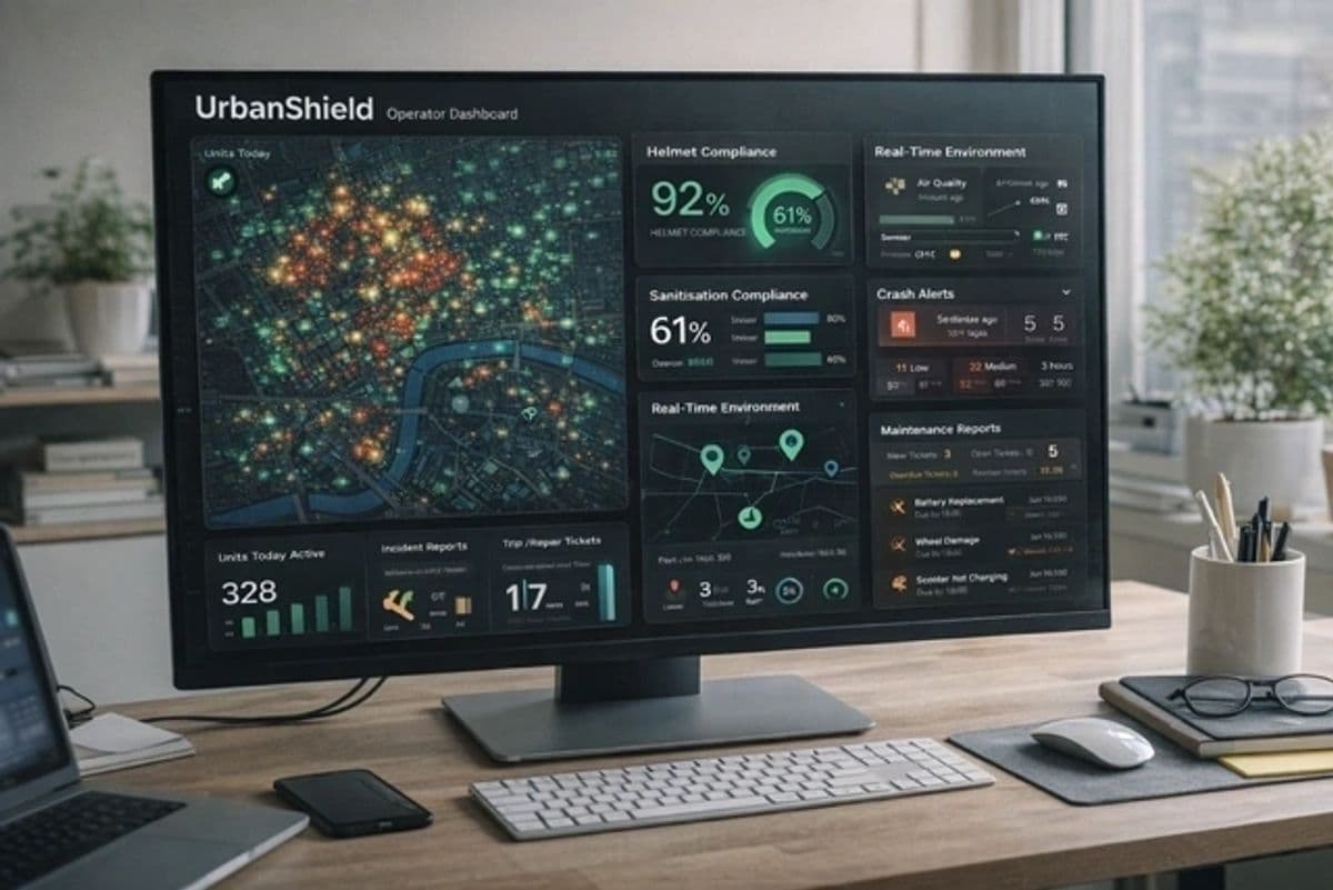 UrbanShield operator dashboard concept for helmet availability, sanitisation, and fleet incident monitoring