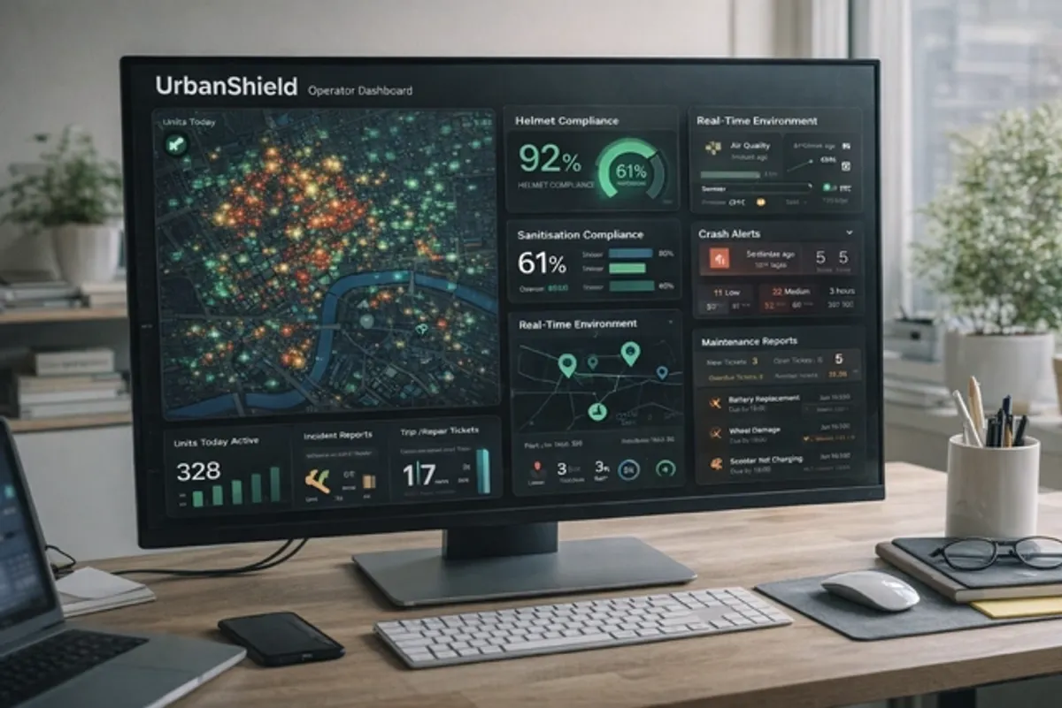 UrbanShield operator dashboard concept for helmet availability, sanitisation, and fleet incident monitoring