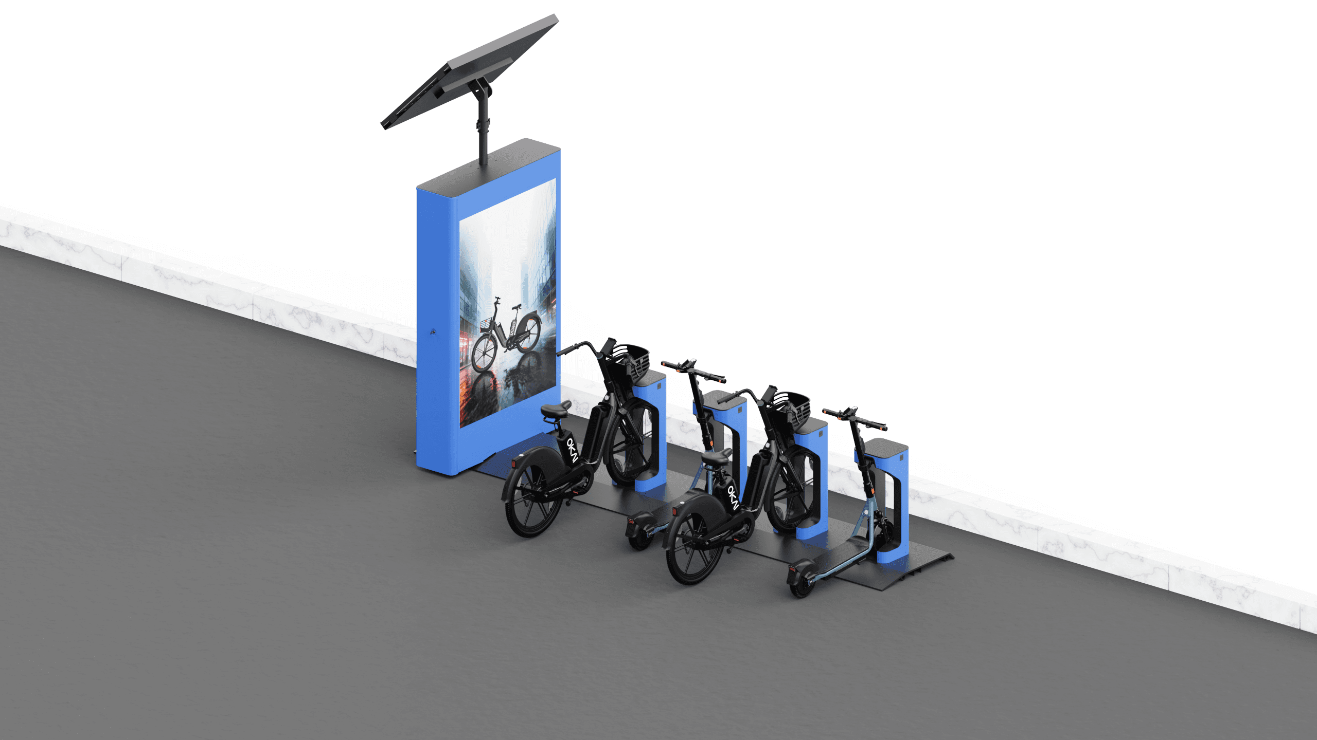 OKAI CDZ01 Intelligent Charging Station with solar panels, control cabinet, and charging piles docking e-bikes and scooters