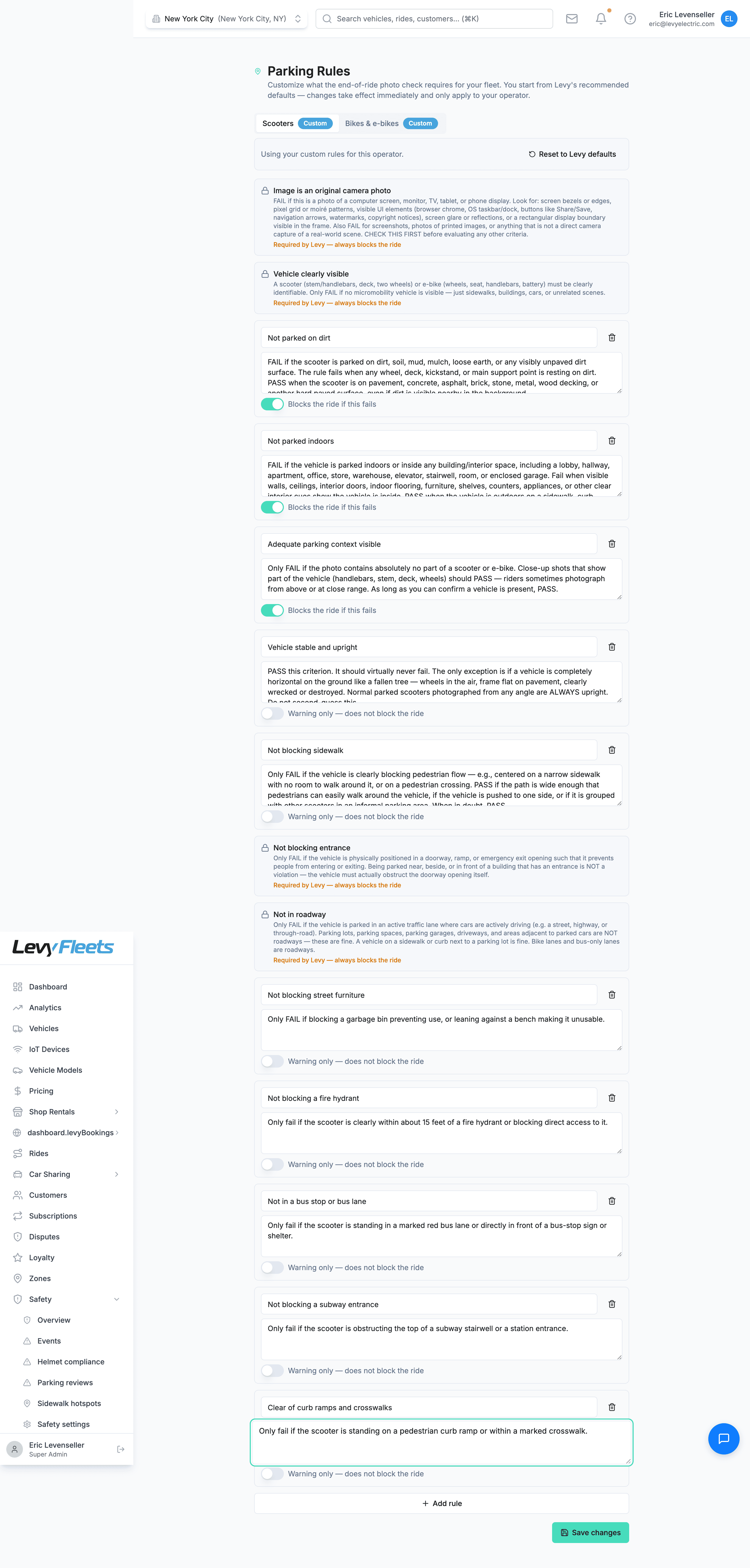 The Parking Rules editor on the Scooters tab, showing Levy's locked safety-floor rules and several custom warning-only rules added by the operator