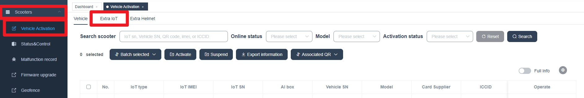 Extra IoT tab in Vehicle Activation